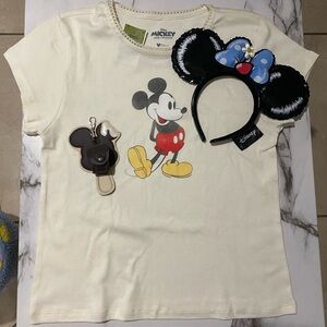 Disney Cream Mickey shirt with Loungefly ballon’s headband ears and ear holder.